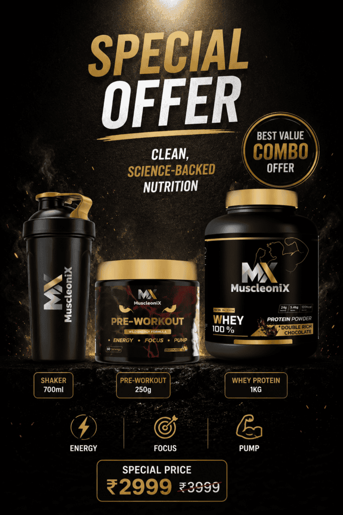 Muscleonix supplement offer with whey protein, pre-workout, and shaker for fitness enthusiasts.
